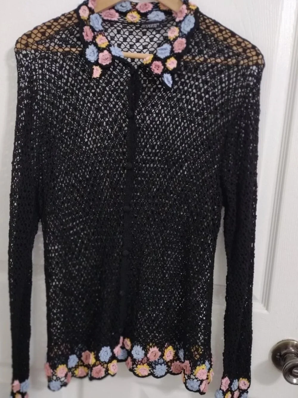 Resporte Crochet Floral Cardigan S/M Boho Sheer Knit Lightweight Top - Picture 9 of 10